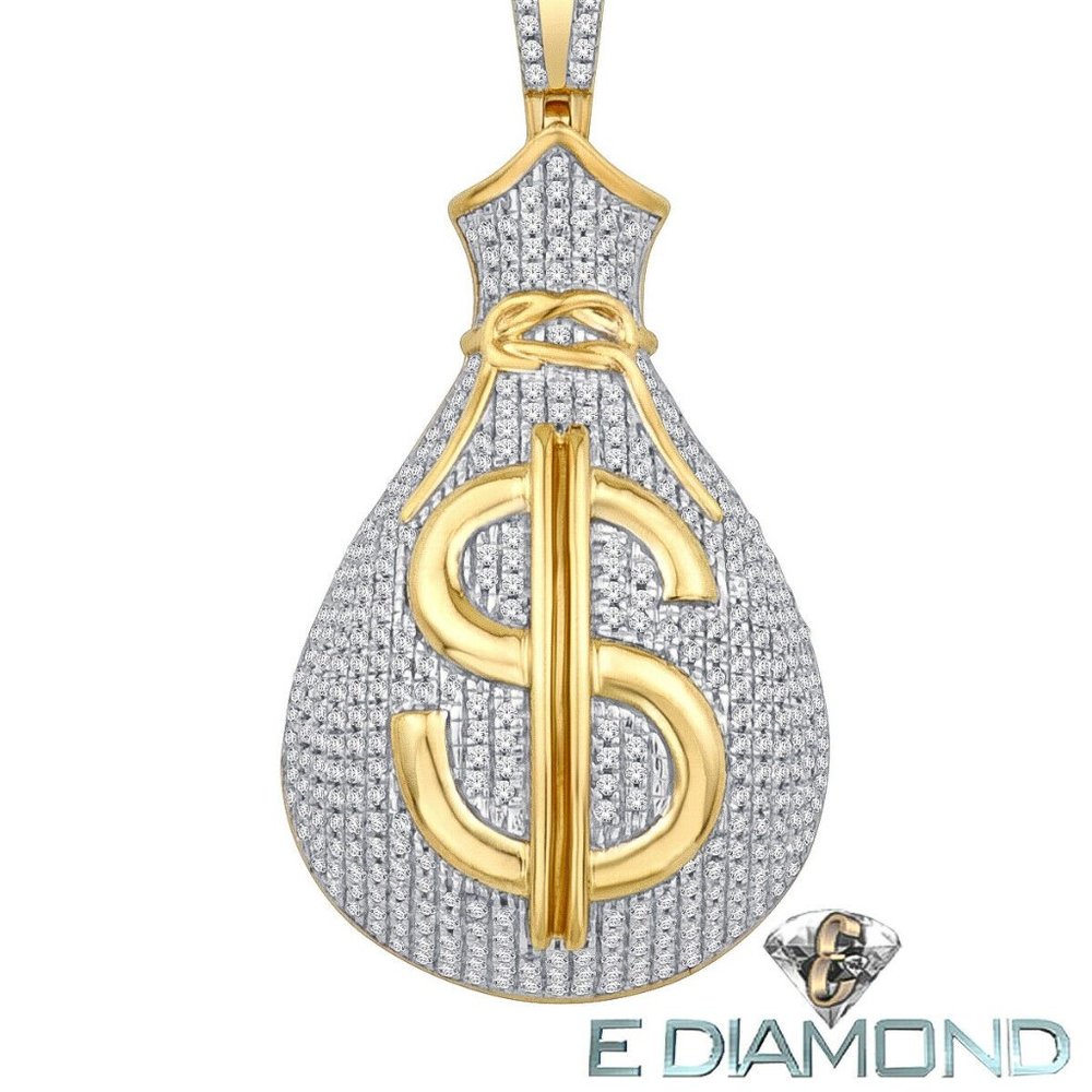 10 Karat Solid Gold, 1.00 Carat Natural Diamond Money Bag Pendant